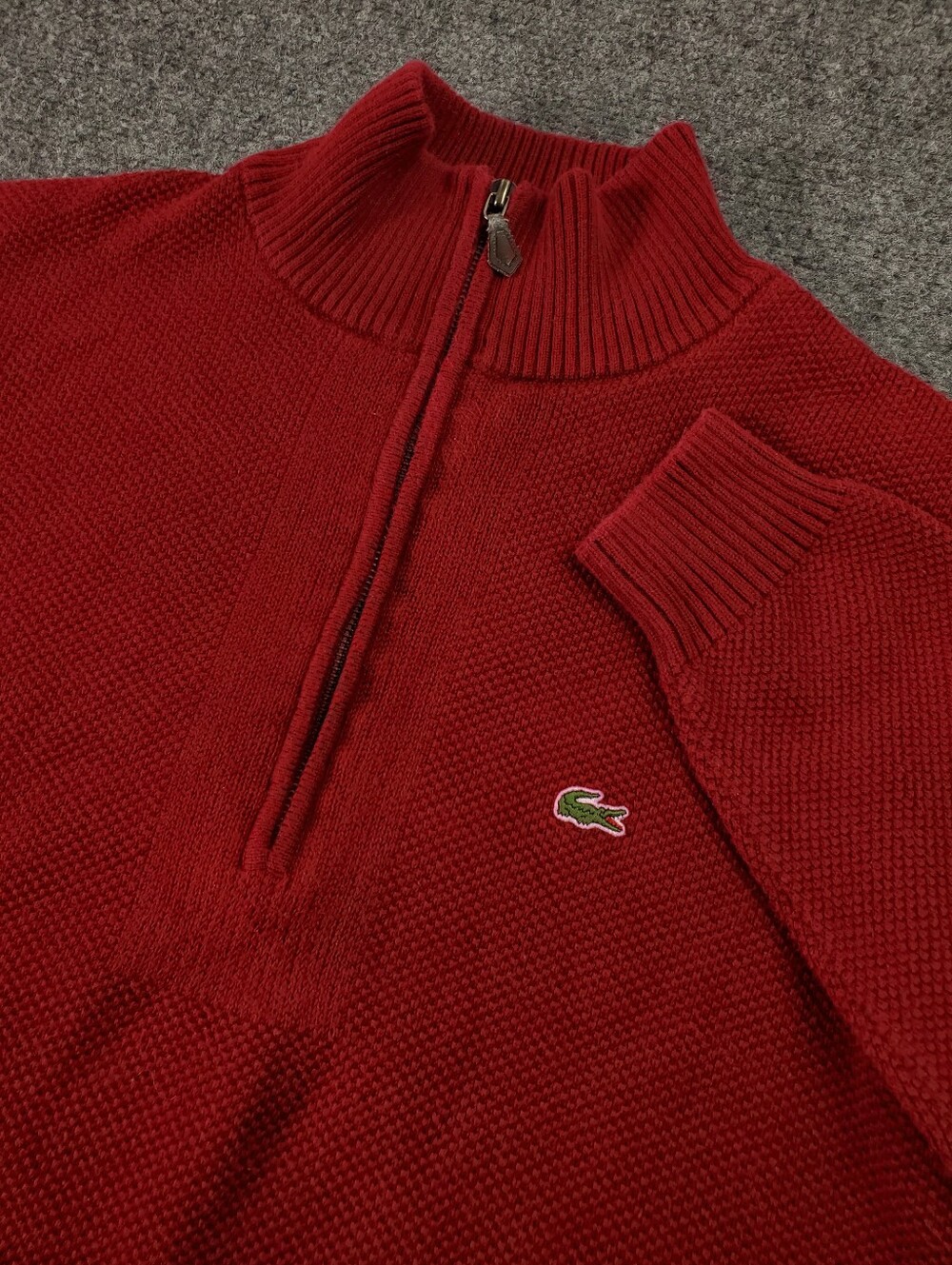 Lacoste Quarter Zip Sweater Medium 4 Textured Cotton Knit Moc Neck Red Pullover